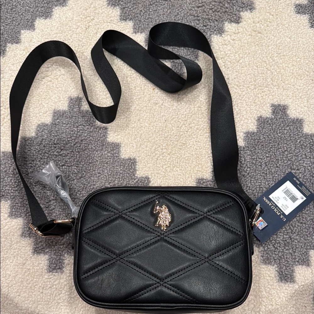 Black Quilted Crossbody Bag with Gold Logo